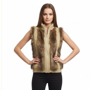 Cozy Yoki Cream Cable Knit Faux Fur Trim Vest - Zip Front Vintage Boho Chic
